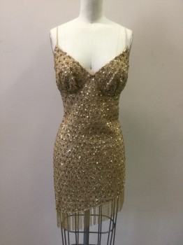 Womens, Cocktail Dress, N/L, Gold, Polyester, Sequins, S, Gold Sequinned Lace with Gold Beaded Tassel Fringe, V-neck, Spaghetti Straps, Back Zip, Gathered Bust, Diagonal Hem