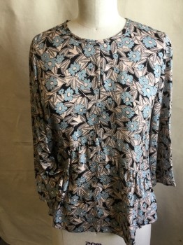 REBECCA TAYLOR, Blush Pink, Powder Blue, Black, Silk, Floral, Round Neck,  Angular Gathered Block Front & Back, Key hole Back with 1 Cover Button, 3/4 Sleeves,