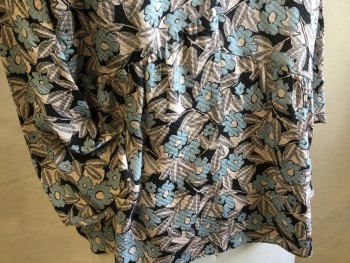 REBECCA TAYLOR, Blush Pink, Powder Blue, Black, Silk, Floral, Round Neck,  Angular Gathered Block Front & Back, Key hole Back with 1 Cover Button, 3/4 Sleeves,
