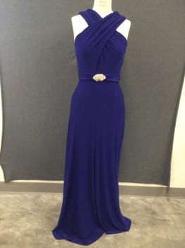 Womens, Evening Gown, LAUREN, Royal Blue, Polyester, Elastane, Solid, 6, Crossover Top, Sleeveless, Gored Skirt, Floor Length, Self Attached Gathered Waistband, Silver/Rhinestone Front Clasp