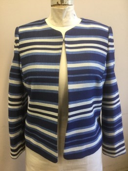 Womens, Blazer, PRESTON & YORK, Navy Blue, French Blue, White, Polyester, Rayon, Stripes - Horizontal , 14, Long Sleeves, Open at Center Front with 1 Hook&Eye Closure, Round Neck (No Lapel), Solid Navy Lining
