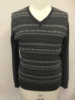 Mens, Pullover Sweater, BANANA REPUBLIC, Gray, White, Dk Gray, Brown, Wool, Stripes, M, Varied Knit Stripe Front, V-neck, Ribbed Knit Neck/Waistband/Cuff