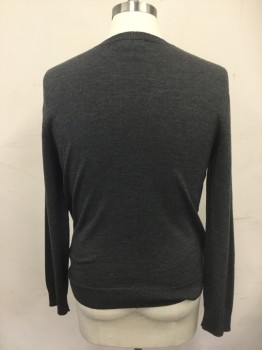 Mens, Pullover Sweater, BANANA REPUBLIC, Gray, White, Dk Gray, Brown, Wool, Stripes, M, Varied Knit Stripe Front, V-neck, Ribbed Knit Neck/Waistband/Cuff