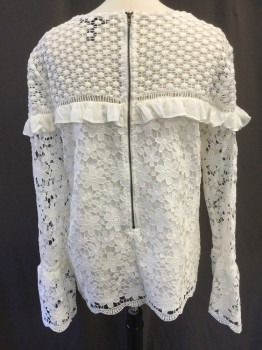 AQUA, White, Polyester, Solid, Self Floral Eyelet Lace, Crew Neck, Long Sleeve with Gathered Cuff, Ruffle Yoke, Scallop Hem, Center Back Zipper