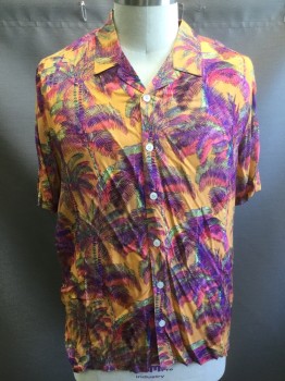 TOPMAN, Multi-color, Orange, Fuchsia Pink, Purple, Lime Green, Viscose, Tropical , Orange with Purple/Fuchsia/Lime Palm Trees/Palm Leaves Pattern, Short Sleeve Button Front, Collar Attached, No Pocket