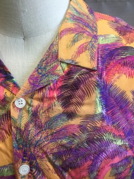 TOPMAN, Multi-color, Orange, Fuchsia Pink, Purple, Lime Green, Viscose, Tropical , Orange with Purple/Fuchsia/Lime Palm Trees/Palm Leaves Pattern, Short Sleeve Button Front, Collar Attached, No Pocket