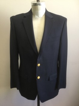 RALPH LAUREN, Navy Blue, Wool, Solid, Single Breasted, Notched Lapel, 2 Buttons, 3 Pockets, Solid Navy Lining