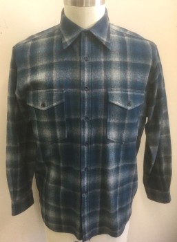 PENDLETON, Turquoise Blue, Blue, Gray, Charcoal Gray, Wool, Plaid, Shadow Plaid, Long Sleeve Button Front, Collar Attached, 2 Patch Pockets with Button Flap Closure