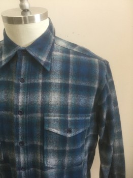 PENDLETON, Turquoise Blue, Blue, Gray, Charcoal Gray, Wool, Plaid, Shadow Plaid, Long Sleeve Button Front, Collar Attached, 2 Patch Pockets with Button Flap Closure