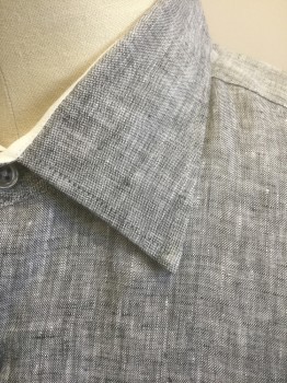 INSERCH, Gray, Linen, Heathered, 2 Color Weave, Long Sleeve Button Front, Collar Attached, 1 Patch Pocket