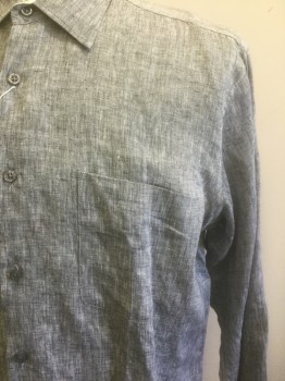 INSERCH, Gray, Linen, Heathered, 2 Color Weave, Long Sleeve Button Front, Collar Attached, 1 Patch Pocket