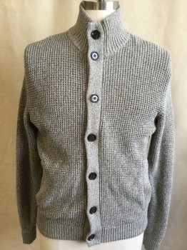 Mens, Cardigan Sweater, BANANA REPUBLIC, Lt Gray, Cotton, Heathered, S, Cardigan, Long Sleeves, Stand Collar, Button Front, Ribbed Knit Collar/Cuff/Waistband, 2 Pockets