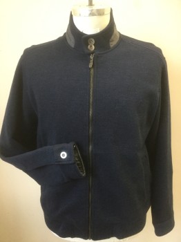 Mens, Casual Jacket, ARI8TO, Navy Blue, Gray, Wool, Cotton, Solid, M, Zip Front, 2 Pockets, 2 Gray Buttons and Fabric on Band Collar, Knit, Sweater Like, Buttons at Cuffs