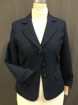 Womens, Blazer, LE SUIT, Navy Blue, Polyester, Solid, Diamonds, 8, Single Breasted, 3 Buttons,  Rounded Notched Lapel, 2 Pockets, Cuffed Sleeves, Textured Fabric