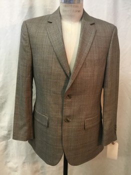 PRONTO UOMO, Brown, Tan Brown, Lt Blue, Wool, Rayon, Plaid, Single Breasted, 2 Buttons,  3 Pockets, Notched Lapel,