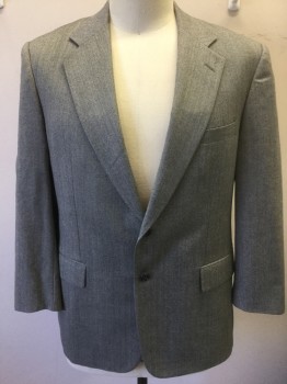 H. STOCKTON, Gray, Black, Wool, Herringbone, Single Breasted, Notched Lapel, 2 Buttons,  3 Pockets, Slate Blue Satin Lining