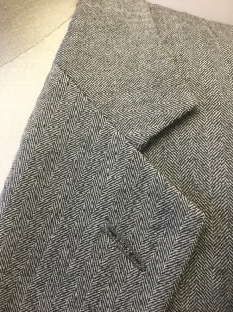 H. STOCKTON, Gray, Black, Wool, Herringbone, Single Breasted, Notched Lapel, 2 Buttons,  3 Pockets, Slate Blue Satin Lining