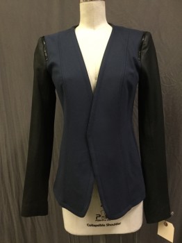 Womens, Blazer, THEORY, Navy Blue, Black, Synthetic, Solid, Color Blocking, S, Navy, Black Sleeves with Zipper Shoulder Detail, Open Front