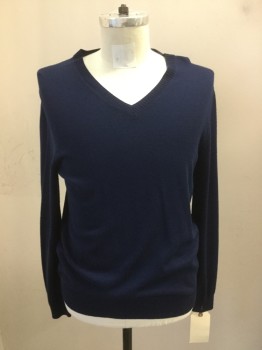 Mens, Pullover Sweater, BANANA REPUBLIC, Navy Blue, Wool, Solid, M, V-neck, Long Sleeves,