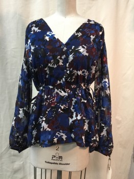 Womens, Blouse, WHISTLES, Royal Purple, Black, Red Burgundy, White, Silk, Floral, S, Chiffon, Cobalt and Royal Blue, Black/burgundy/white Floral Print, Button Front, V-neck, Long Sleeves, Self Side Ties
