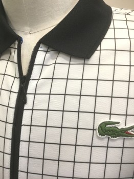 LACOSTE, White, Black, Polyester, Grid , White with Black Grid Pattern, Short Sleeves, Solid Black Collar Attached, Black Half Zipper at Neck, Black Ribbed Trim at Cuffs, Lacoste Alligator Patch on Chest **Has Multiples