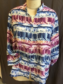 ALFRED DUNNER, Off White, Blue, Magenta Pink, Mauve Pink, Peach Orange, Polyester, Abstract , Mandarin/Nehru with V-neck, Pleat Front Center & Button Front, 3/4 Sleeves with Short Belt & Button