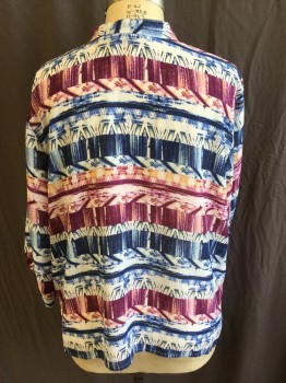 ALFRED DUNNER, Off White, Blue, Magenta Pink, Mauve Pink, Peach Orange, Polyester, Abstract , Mandarin/Nehru with V-neck, Pleat Front Center & Button Front, 3/4 Sleeves with Short Belt & Button
