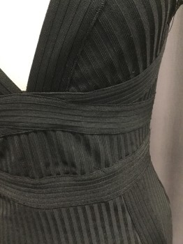 Womens, Cocktail Dress, AKIRA, Black, Polyester, Spandex, Stripes, S, Low Sweetheart Neck, Cap-sleeves, Self Striped/ribbed, Fitted, Back Zipper
