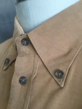 CARROLL & CO, Caramel Brown, Cotton, Solid, Corduroy, Long Sleeve Button Front, Collar Attached, Button Down Collar, 1 Patch Pocket