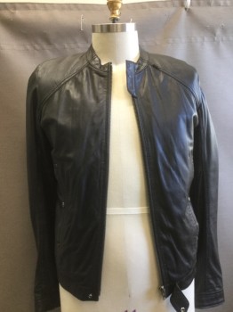 Mens, Leather Jacket, DIESEL, Black, Leather, Solid, XL, Soft Leather, Band Collar, Zip Front, Slit Pockets with Snaps