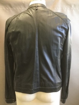 Mens, Leather Jacket, DIESEL, Black, Leather, Solid, XL, Soft Leather, Band Collar, Zip Front, Slit Pockets with Snaps