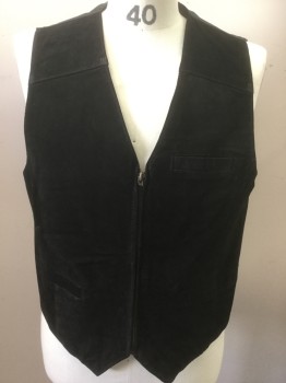 Mens, Leather Vest, PELLE CUIR, Black, Suede, Nylon, Solid, M, Zip Front, 3 Welt Pocket, Shiny Back with Adjustable Belt