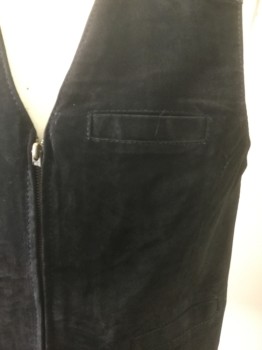 Mens, Leather Vest, PELLE CUIR, Black, Suede, Nylon, Solid, M, Zip Front, 3 Welt Pocket, Shiny Back with Adjustable Belt