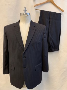 JONES NY, Dk Brown, Blue, Lt Brown, Wool, Stripes - Pin, Dark Brown with Blue/Brown Pin Stripes, Single Breasted, Collar Attached, Notched Lapel, 2 Buttons,  3 Pockets