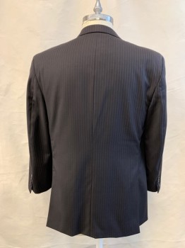 JONES NY, Dk Brown, Blue, Lt Brown, Wool, Stripes - Pin, Dark Brown with Blue/Brown Pin Stripes, Single Breasted, Collar Attached, Notched Lapel, 2 Buttons,  3 Pockets