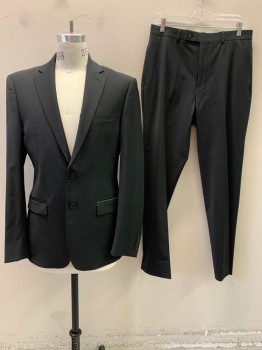 Mens, Suit, Jacket, CALVIN KLEIN, Black, Wool, Solid, 40R, Notched Lapel, Single Breasted, Button Front, 2 Buttons,  3 Pockets