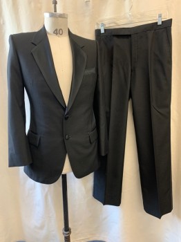 JACK'S, Black, Wood, Polyester, Notched Lapel, Single Breasted, Button Front, 2 Fabric Covered Buttons, 3 Pockets