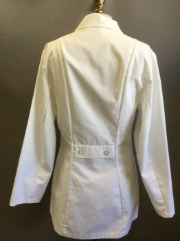 LANDAU, White, Poly/Cotton, Solid, Women's Fit, Button Front, Notched Lapel, Long Sleeves, 2 Pockets, Back Waist Panel with 2 Buttons, Coffee Stain on Right Hip