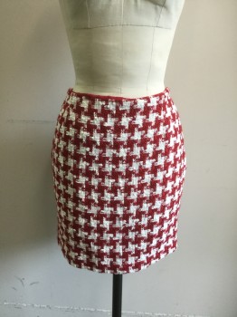 Womens, Suit, Skirt, INC, Red, White, Cotton, Acrylic, Houndstooth, 6, Boucle, Side Zip, Hem Above Knee