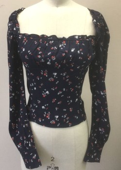 REFORMATION, Navy Blue, Red, White, Viscose, Rayon, Floral, Navy with Tiny Red and White Flower Print, Crepe, Long Sleeves, Peasant Style Blouse, Square Neck Gathered Bust, Empire Waist, Self Ruffled Edge at Neckline, Smocked Panel at Center Back Waist, Fitted