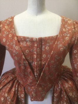 N/L MTO, Burnt Orange, Beige, Sage Green, Cream, Cotton, Floral, Changeable Brocade, 3/4 Sleeves with Cream Lace Ruffle, Square Neck, Hook & Eye Closures Down Center Front Stomacher Panel, Open at Center Front of Skirt (Doesn't Include Underskirt), Made To Order Colonial 1700's Reproduction