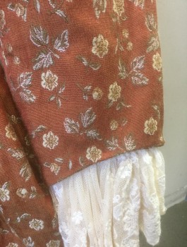 Womens, Historical Fiction Dress, N/L MTO, Burnt Orange, Beige, Sage Green, Cream, Cotton, Floral, W:28, B:34, Changeable Brocade, 3/4 Sleeves with Cream Lace Ruffle, Square Neck, Hook & Eye Closures Down Center Front Stomacher Panel, Open at Center Front of Skirt (Doesn't Include Underskirt), Made To Order Colonial 1700's Reproduction
