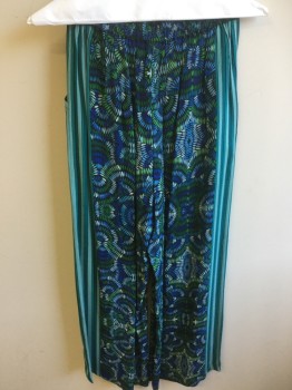 Womens, Casual Pants, BLANK LONDON, Teal Blue, Teal Green, Emerald Green, Black, Viscose, Stripes - Vertical , Leaves/Vines , W24, XS, Crepe, 2 Pockets, Tie Center Front with 2 Belt Loops, Elastic Waist Center Back,