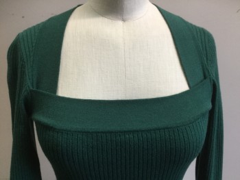 Womens, Pullover, SANDRO PARIS, Forest Green, Acrylic, Wool, Solid, 0, Rib Knit, Long Sleeves, Square Neckline, Model with Bust 34", Double, See Barcode FC055920