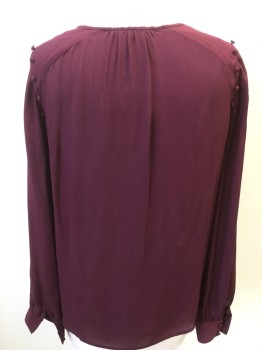 PAIGE, Maroon Red, Silk, Solid, Fabric Covered Button/Loop Front, Pleated at Shoulder, Long Billowy Sleeves with Cuffs, Fabric Covered Button Detail Around Armholes, Gather at Center Back