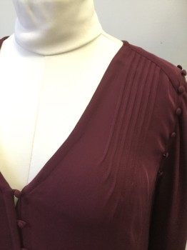 PAIGE, Maroon Red, Silk, Solid, Fabric Covered Button/Loop Front, Pleated at Shoulder, Long Billowy Sleeves with Cuffs, Fabric Covered Button Detail Around Armholes, Gather at Center Back