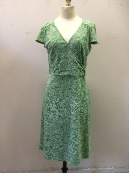 Womens, Dress, Sleeveless, LOFT, Green, White, Synthetic, Dots, 6, Green with White Leaf-like Dots,  Surplice Top, Cap Sleeves, Gathered at Yoke, Side Zip, Hem Below Knee