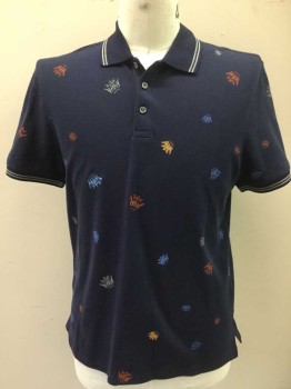 GIEVES & HAWKES, Navy Blue, Terracotta Brown, Gray, Periwinkle Blue, Yellow, Cotton, Novelty Pattern, Navy W/terracotta, Gray, Periwinkle, Yellow King's Crowns Print, Collar Attached & Short Sleeves Cuffs with 2 Horizontal Stripes, 3 Button Front,