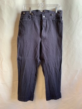 WAH MAKER , Purple, Faded Black, Cotton, Stripes - Vertical , 2" Waistband with 7 " WAH MAKER USA" Silver Suspender Buttons, Flat Front, Zip Fly, 3 Pockets + Watch Pocket, Short Belt with Silver Metal Buckle at Center Back *Back Above Knee Burn Stripe