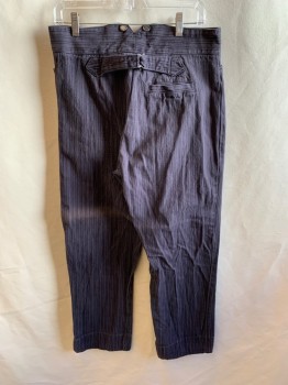 Mens, Historical Fiction Pants, WAH MAKER , Purple, Faded Black, Cotton, Stripes - Vertical , 32/28, 2" Waistband with 7 " WAH MAKER USA" Silver Suspender Buttons, Flat Front, Zip Fly, 3 Pockets + Watch Pocket, Short Belt with Silver Metal Buckle at Center Back *Back Above Knee Burn Stripe